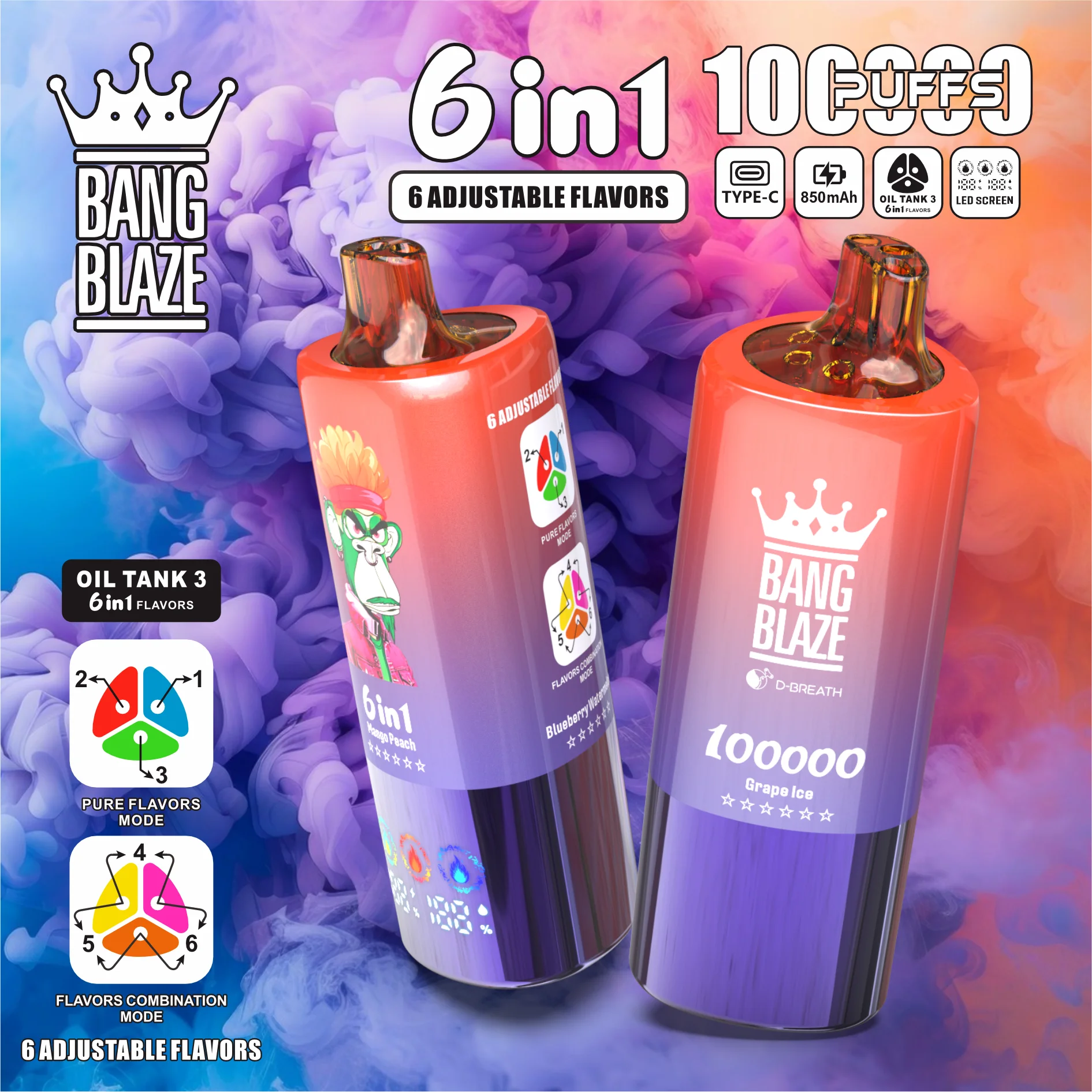 Bang Blaze 100000 Puffs 6 in 1 Flavors 100K Disposable Vape Bang Blaze 100000 Puffs 6 in 1 Flavors 100K Disposable Vape