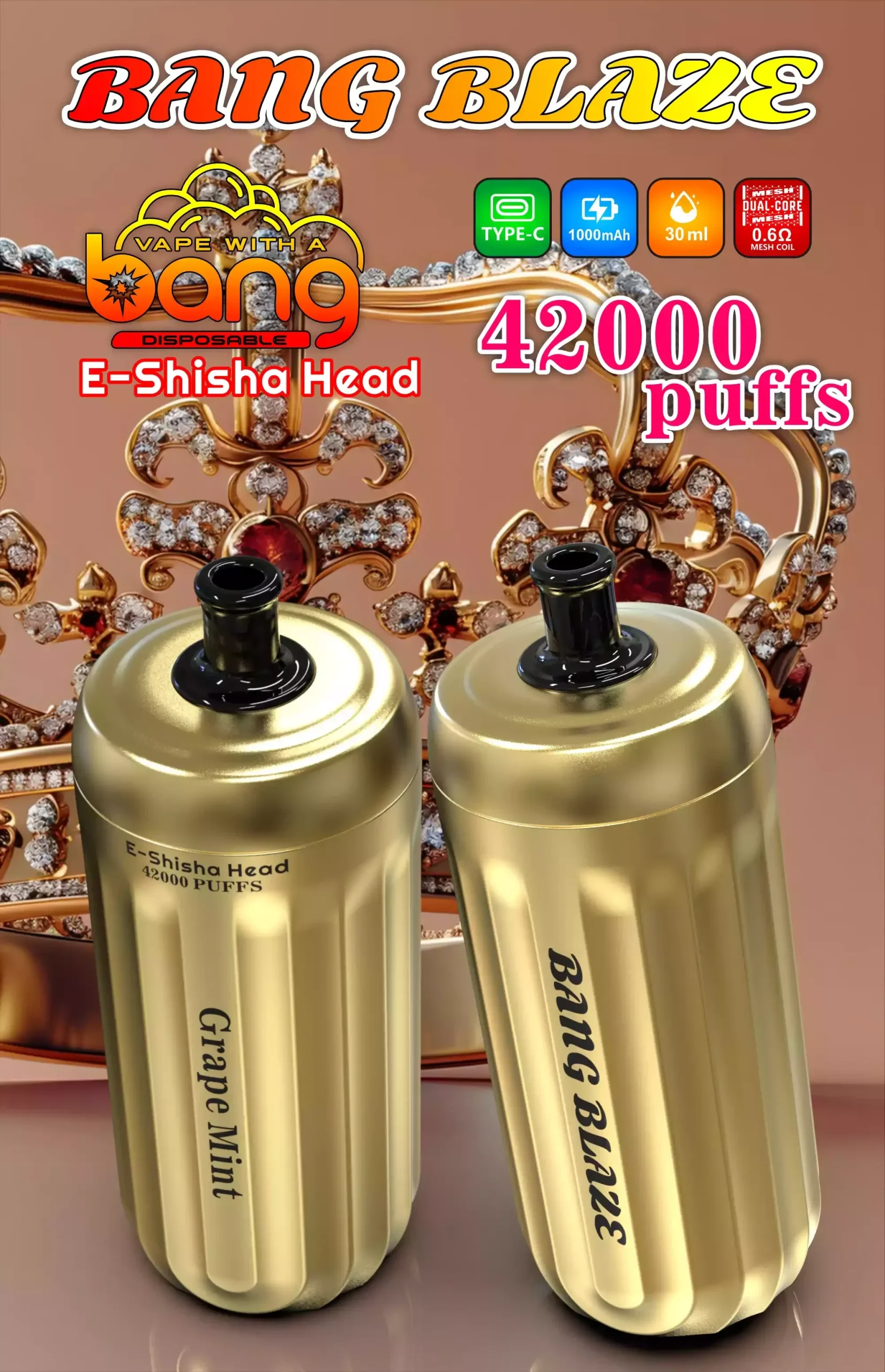 Bang E-Shisha Head 42000 Puffs Gold Design Hookah Grape Mint Bang E-Shisha Head 42000 Puffs Gold Design Hookah Grape Mint