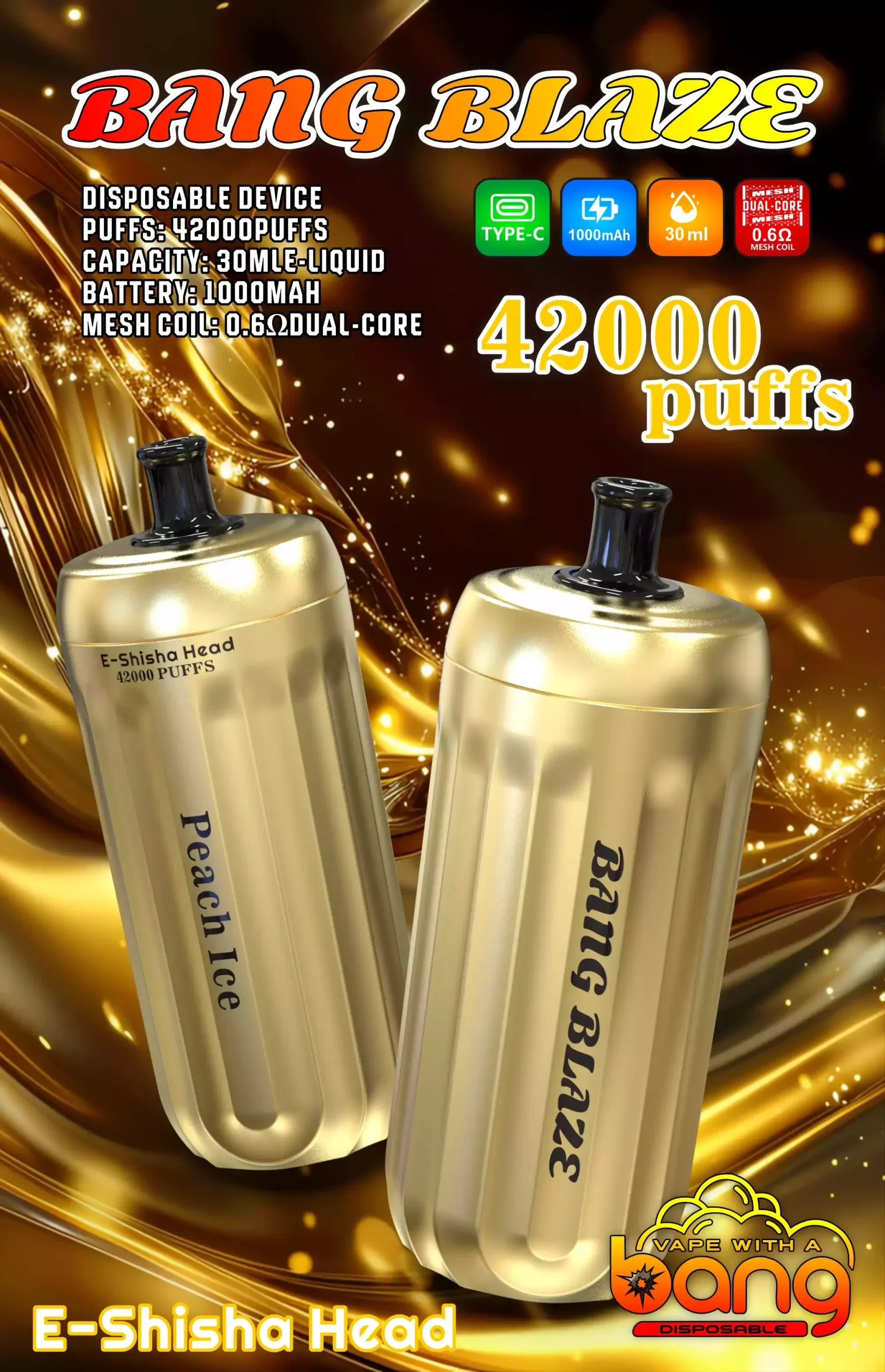 Bang E-Shisha Head 42000 Puffs Gold Design Hookah Peach Ice Bang E-Shisha Head 42000 Puffs Gold Design Hookah Peach Ice