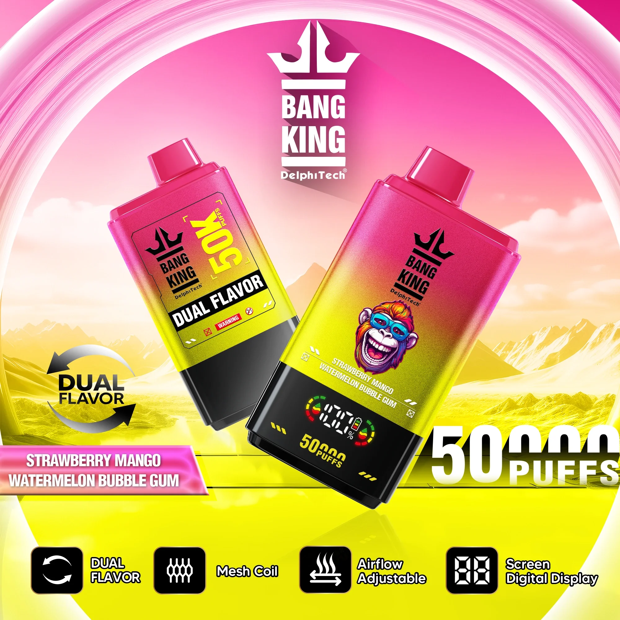 Bang King 50K 50000 Puffs Dual Flavors Vape Strawberry Mango Watermelon Bubble Gum Bang King 50K 50000 Puffs Dual Flavors Vape Strawberry Mango Watermelon Bubble Gum