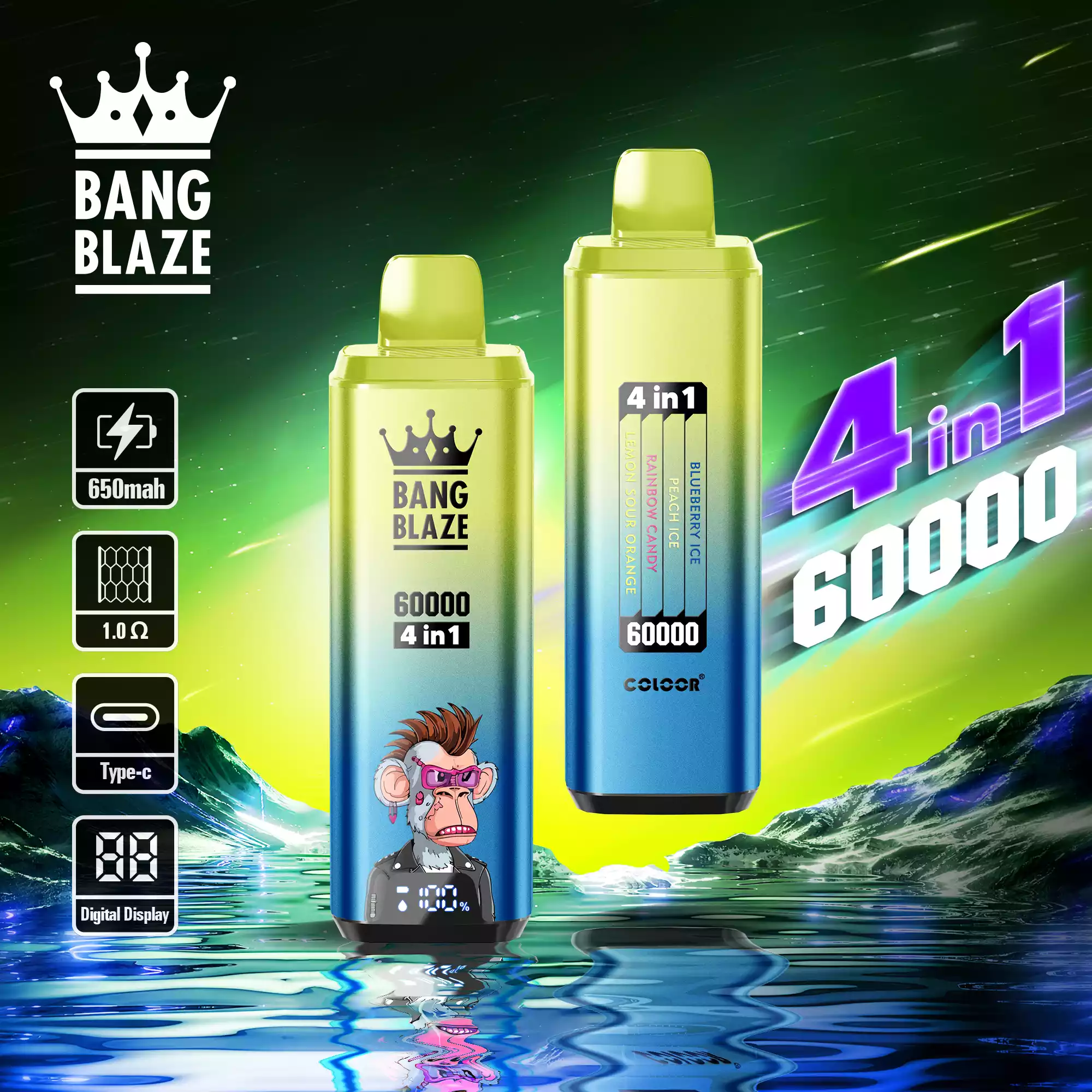Bang Blaze 60K Vape 4-in-1 Flavors 60000 Puffs Disposable Vape Blueberry Ice, Peach Ice, Rainbow Candy, Lemon Sour Orange Bang Blaze 60K Vape 4-in-1 Flavors 60000 Puffs Disposable Vape Blueberry Ice, Peach Ice, Rainbow Candy, Lemon Sour Orange
