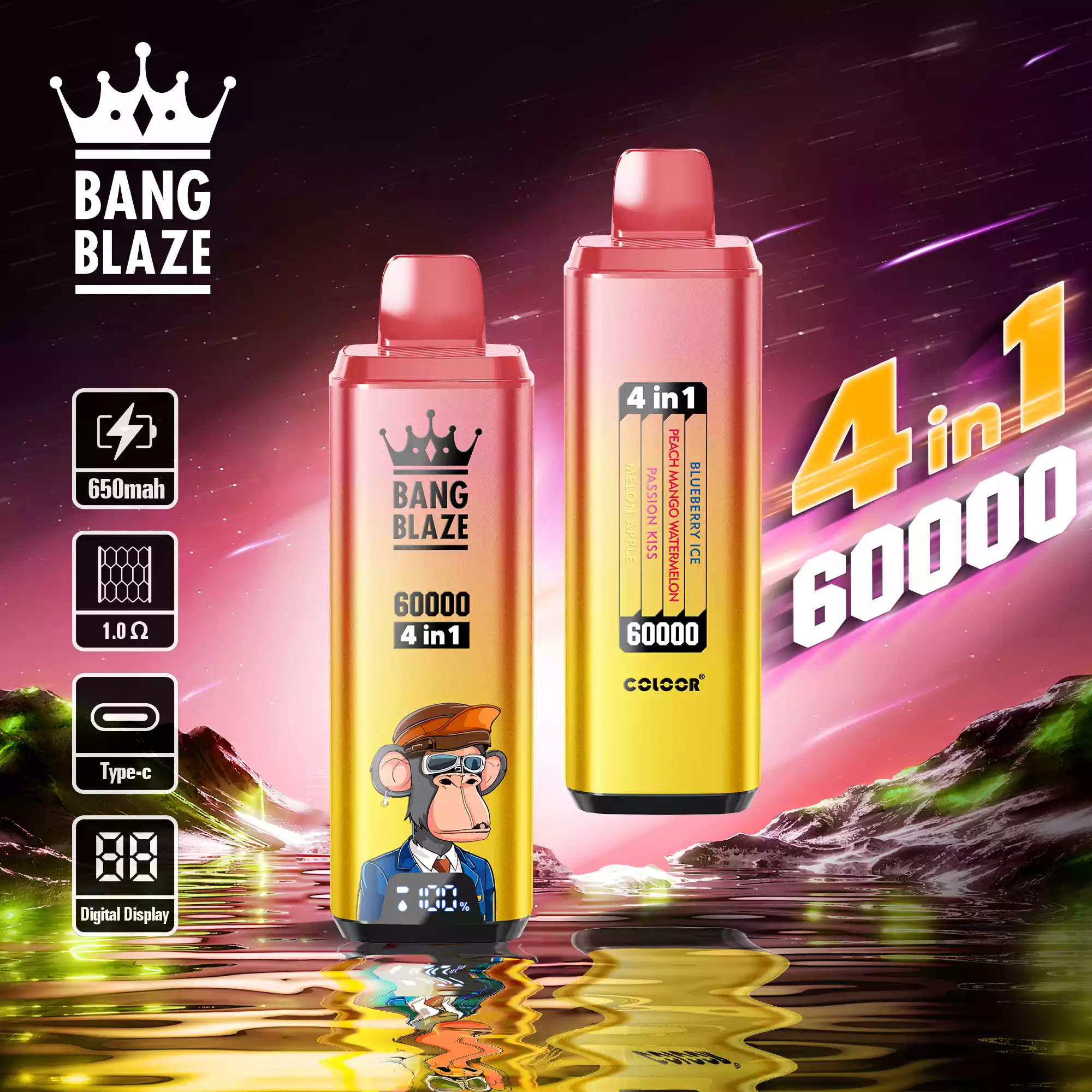 Bang Blaze 60K Vape 4-in-1 Flavors 60000 Puffs Disposable Vape Blueberry Ice, Peach Mango Watermelon, Passion Kiss, Melon Apple Bang Blaze 60K Vape 4-in-1 Flavors 60000 Puffs Disposable Vape Blueberry Ice, Peach Mango Watermelon, Passion Kiss, Melon Apple
