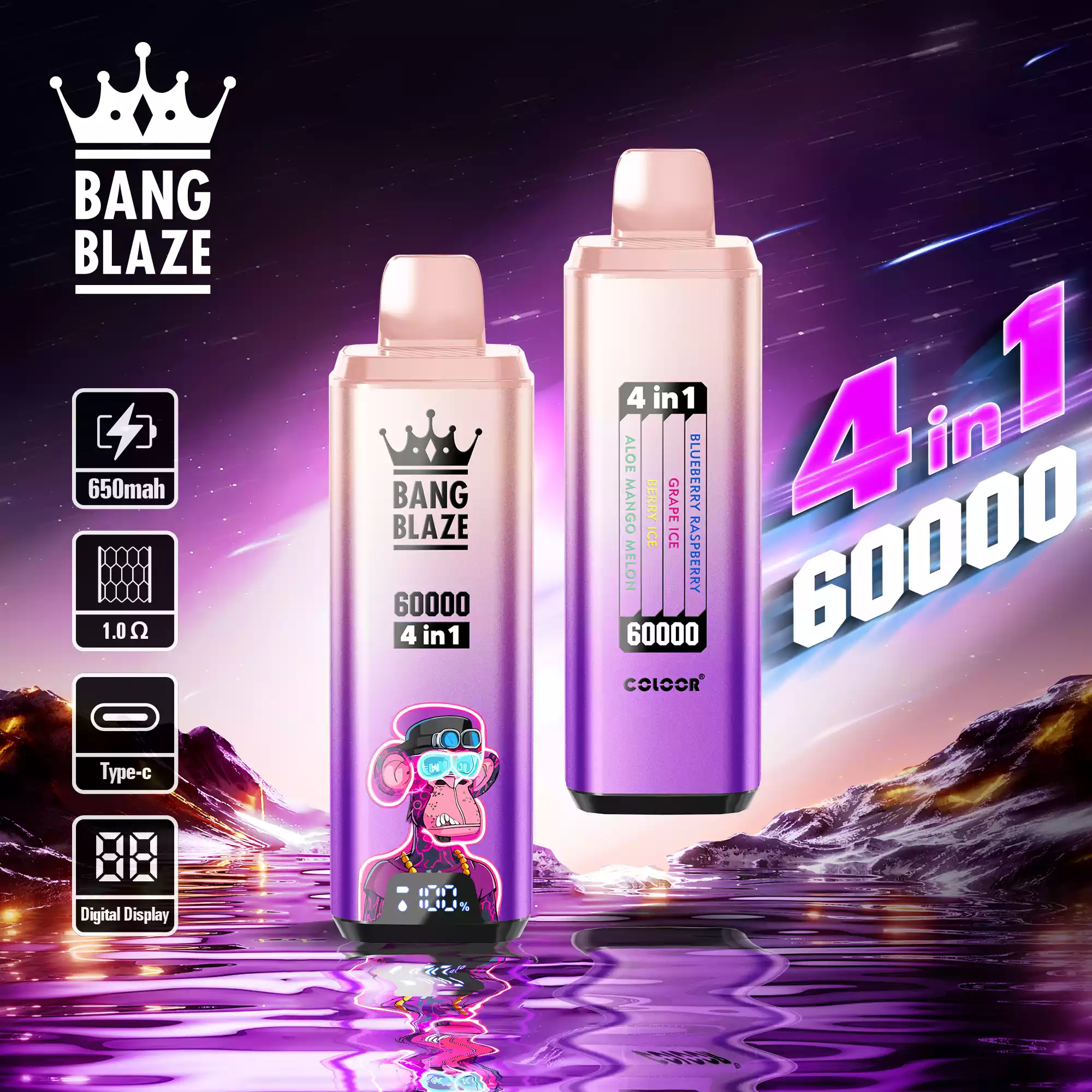 Bang Blaze 60K Vape 4-in-1 Flavors 60000 Puffs Disposable Vape Blueberry Raspberry, Grape Ice, Berry Ice, Aloe Mango Melon Bang Blaze 60K Vape 4-in-1 Flavors 60000 Puffs Disposable Vape Blueberry Raspberry, Grape Ice, Berry Ice, Aloe Mango Melon