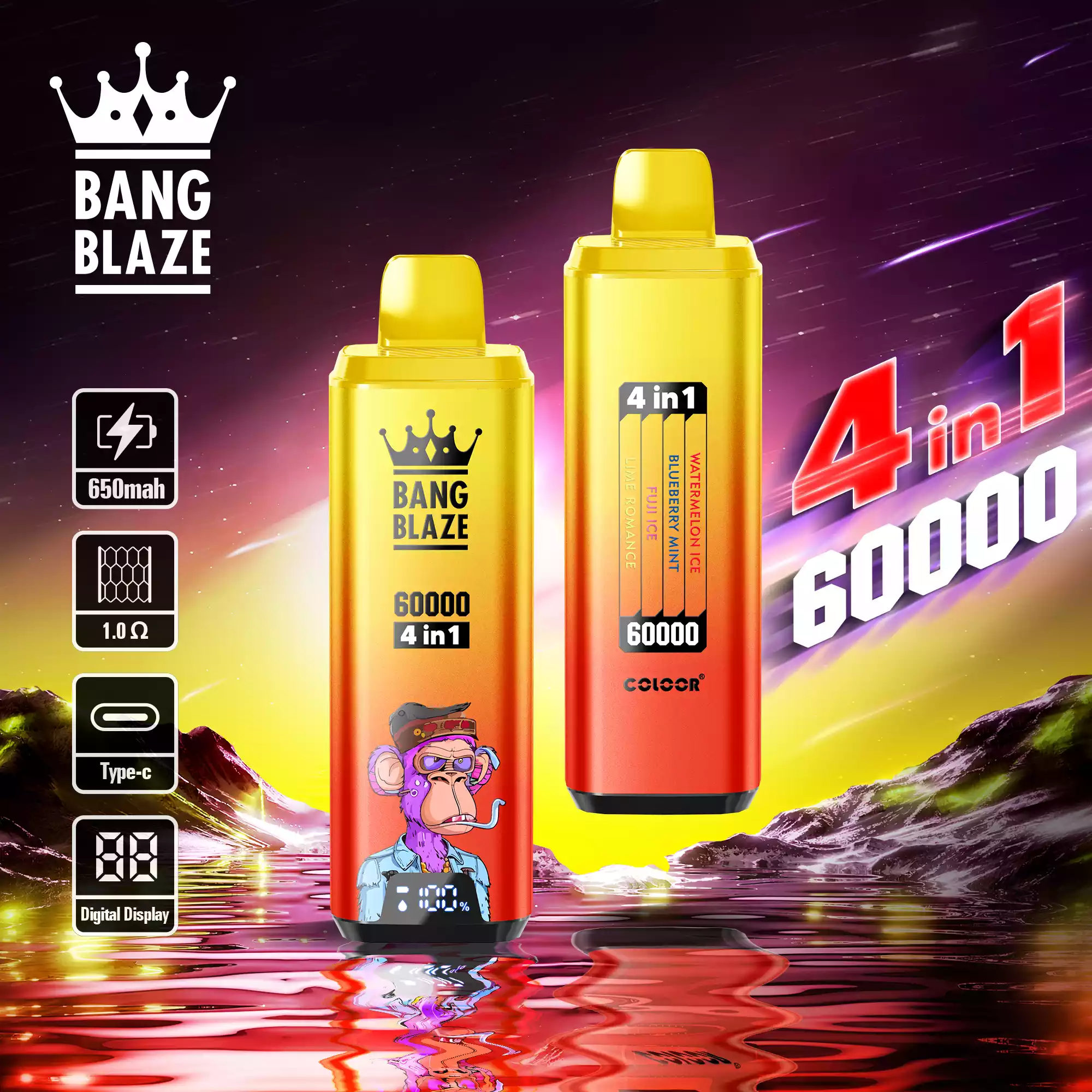 Bang Blaze 60K Vape 4-in-1 Flavors 60000 Puffs Disposable Vape EU European Shipping Watermelon Ice, Blueberry Mint, Fuji Ice, Lime Romance Bang Blaze 60K Vape 4-in-1 Flavors 60000 Puffs Disposable Vape EU European Shipping Watermelon Ice, Blueberry Mint, Fuji Ice, Lime Romance