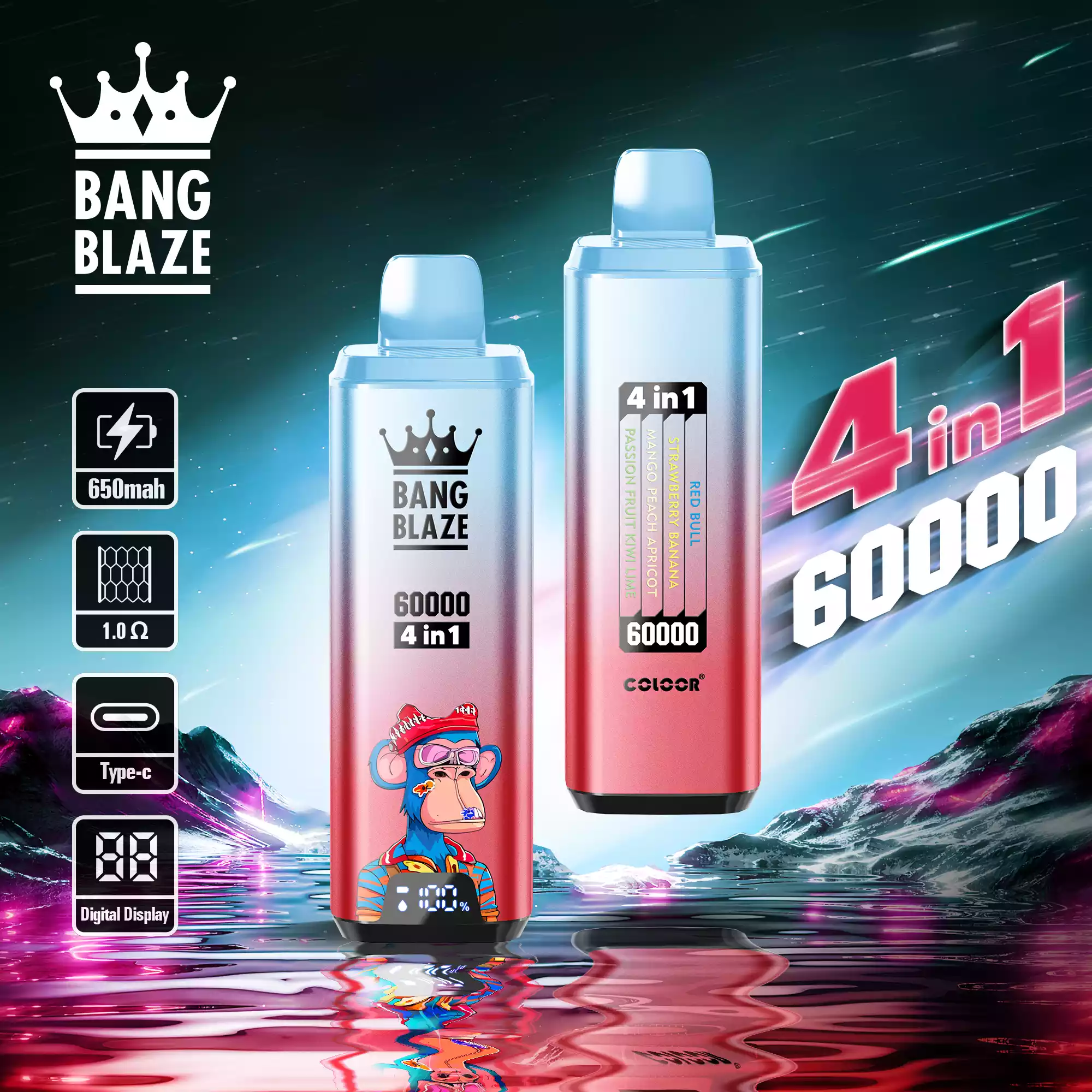 Bang Blaze 60K Vape 4-in-1 Flavors 60000 Puffs Disposable Vape Energy Drink, Strawberry Banana, Mango Peach Apricot, Passion Fruit Kiwi Lime Bang Blaze 60K Vape 4-in-1 Flavors 60000 Puffs Disposable Vape Energy Drink, Strawberry Banana, Mango Peach Apricot, Passion Fruit Kiwi Lime