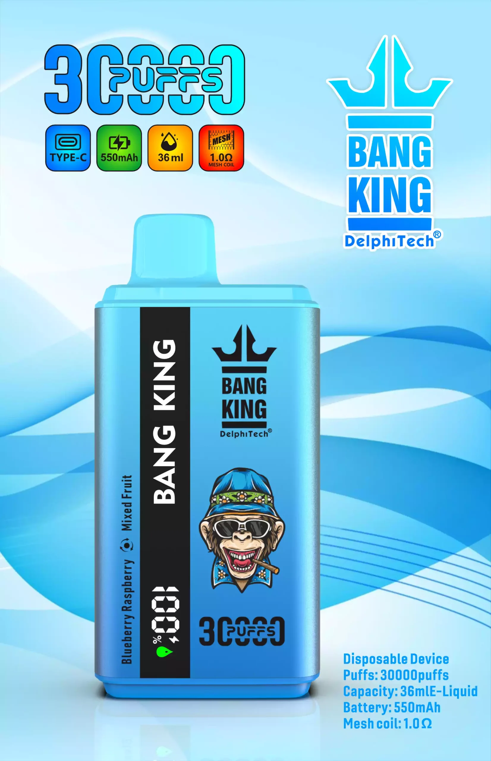 Bang King 30K Vape Dual Flavor 30000 Puffs Vape Smart Screen EU Warehouse Shipping Blueberry Raspberry & Mixed Fruit Bang King 30K Vape Dual Flavor 30000 Puffs Vape Smart Screen EU Warehouse Shipping Blueberry Raspberry & Mixed Fruit
