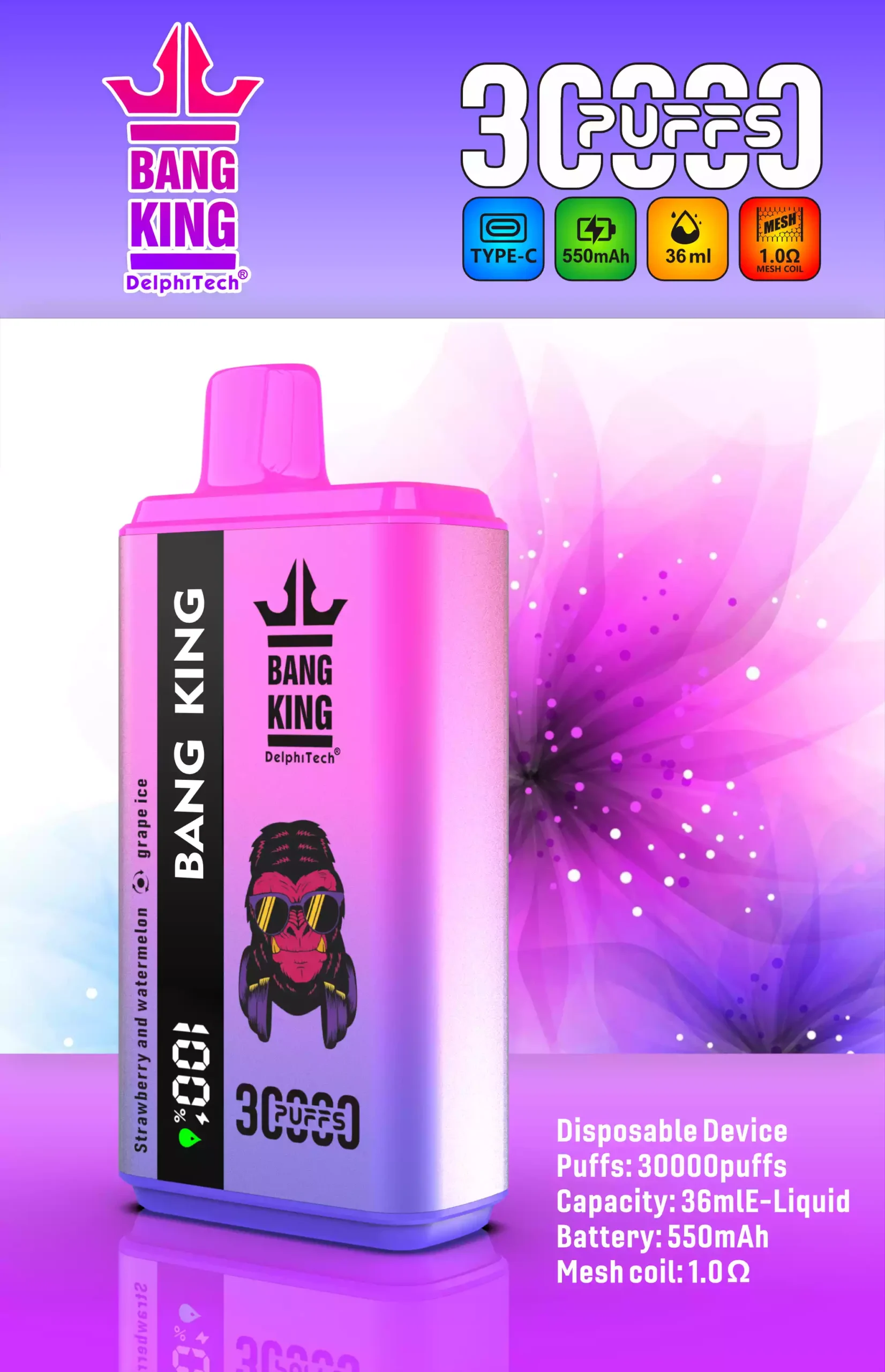 Bang King 30K Vape Dual Flavor 30000 Puffs Vape Smart Screen EU Warehouse Shipping Strawberry And Watermelon & Grape Ice Bang King 30K Vape Dual Flavor 30000 Puffs Vape Smart Screen EU Warehouse Shipping Strawberry And Watermelon & Grape Ice