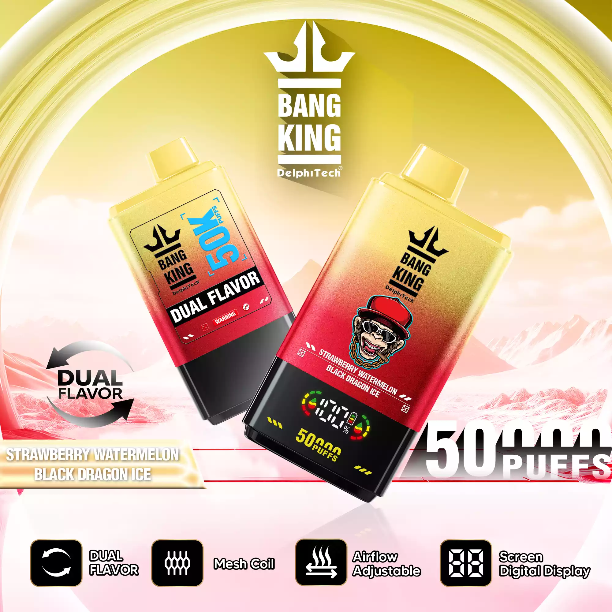 Bang King 50K Vape Dual Flavor LED Screen 50000 Puffs Disposable Vape EU Warehouse Shipping Strawberry Watermelon & Black Dragon Ice Bang King 50K Vape Dual Flavor LED Screen 50000 Puffs Disposable Vape EU Warehouse Shipping Strawberry Watermelon & Black Dragon Ice