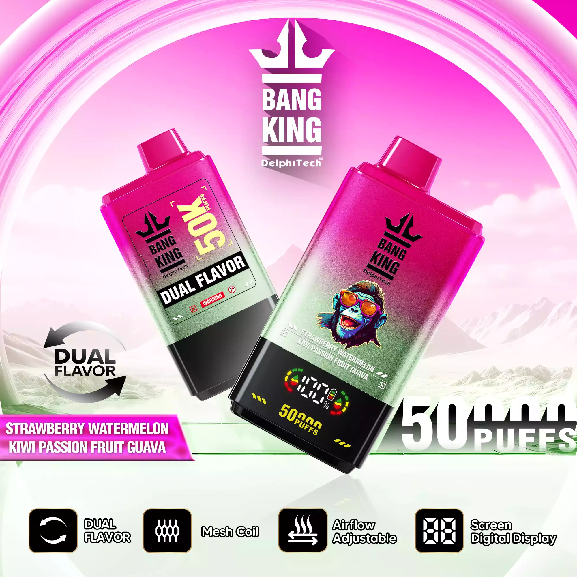Bang King 50K Vape Dual Flavor LED Screen 50000 Puffs Disposable Vape EU Warehouse Shipping Strawberry Watermelon & Kiwi Passion Fruit Guava Bang King 50K Vape Dual Flavor LED Screen 50000 Puffs Disposable Vape EU Warehouse Shipping Strawberry Watermelon & Kiwi Passion Fruit Guava