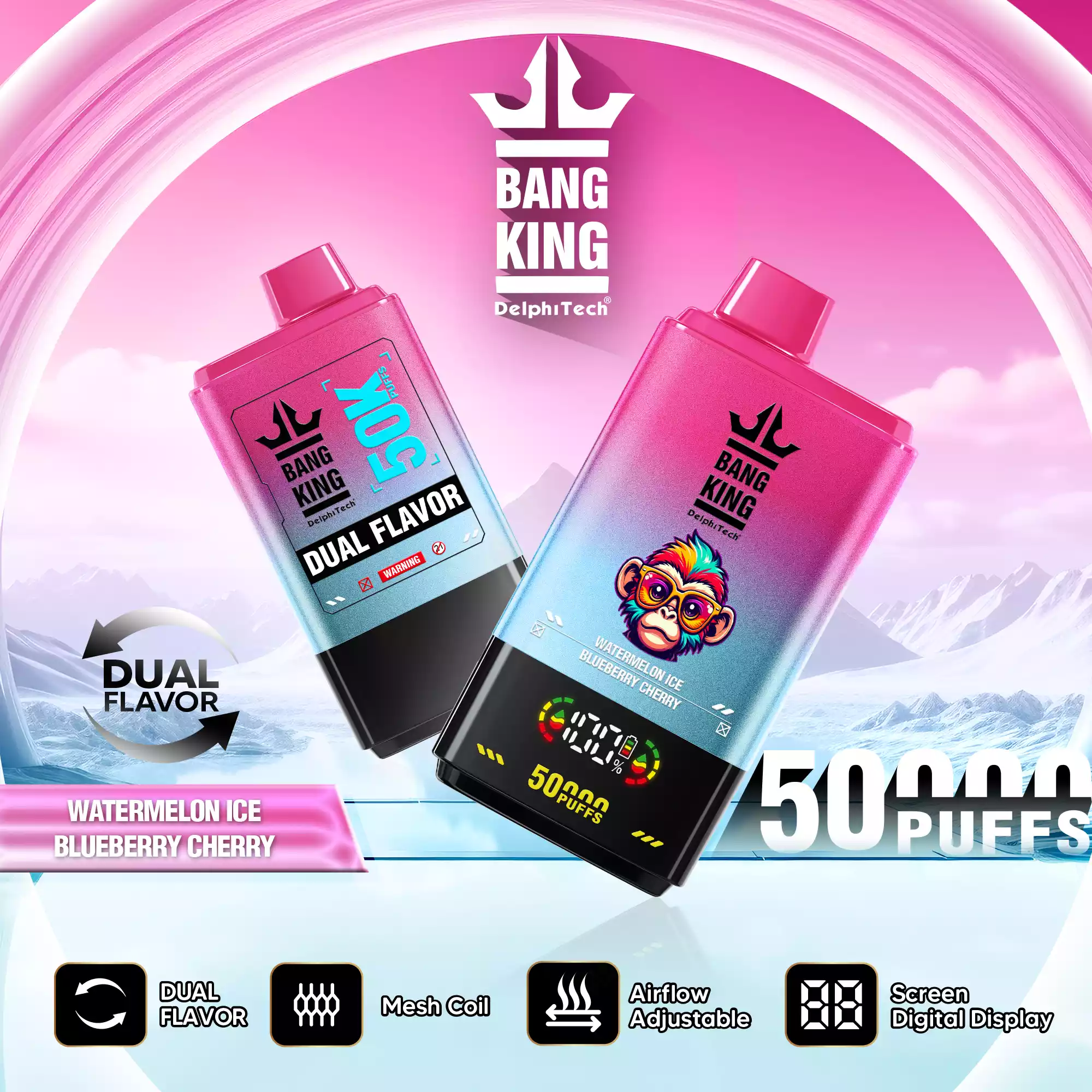 Bang King 50K Vape Dual Flavor LED Screen 50000 Puffs Disposable Vape EU Warehouse Shipping Watermelon & Blueberry Cherry Bang King 50K Vape Dual Flavor LED Screen 50000 Puffs Disposable Vape EU Warehouse Shipping Watermelon & Blueberry Cherry