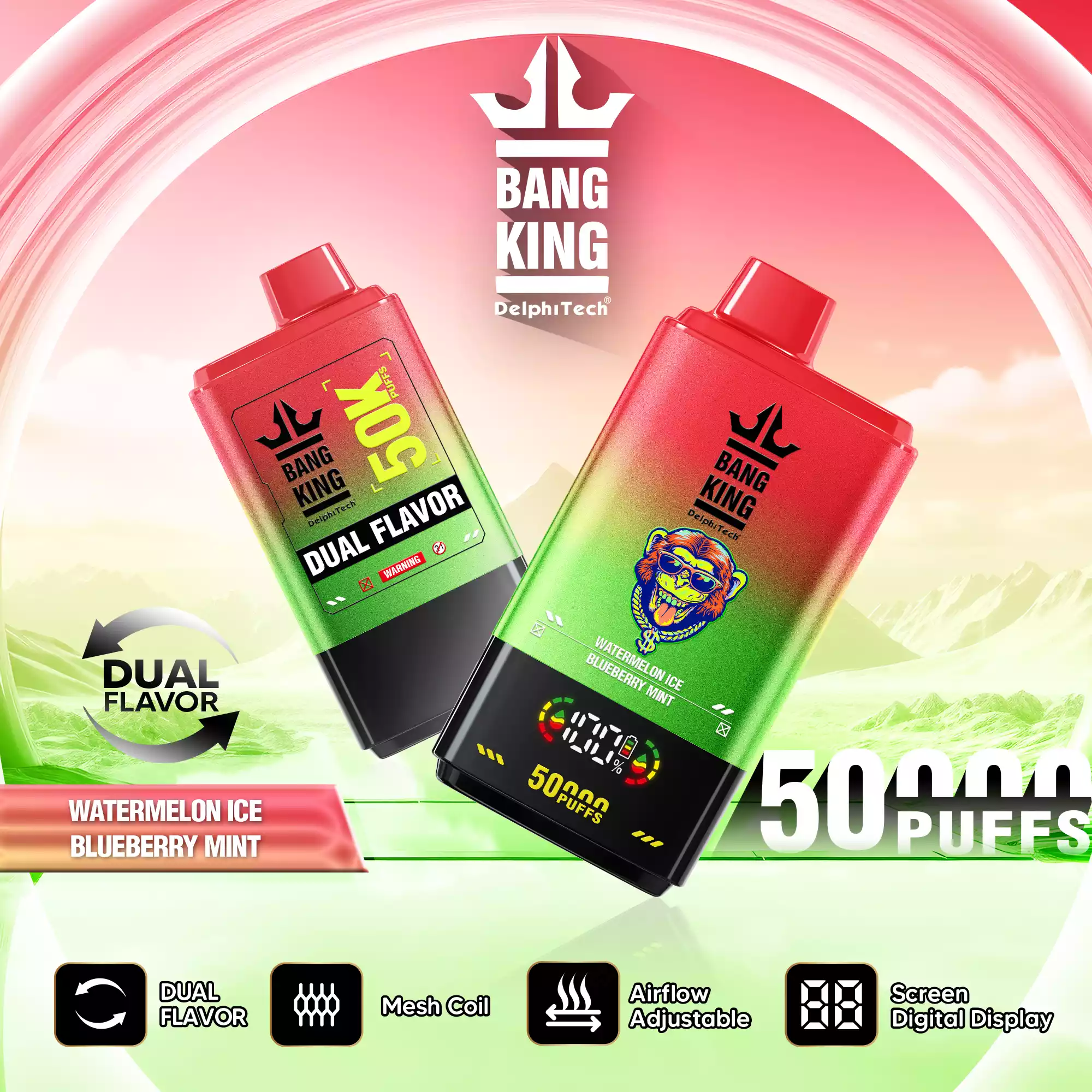 Bang King 50K Vape Dual Flavor LED Screen 50000 Puffs Disposable Vape EU Warehouse Shipping Watermelon Ice & Blueberry Mint Bang King 50K Vape Dual Flavor LED Screen 50000 Puffs Disposable Vape EU Warehouse Shipping Watermelon Ice & Blueberry Mint