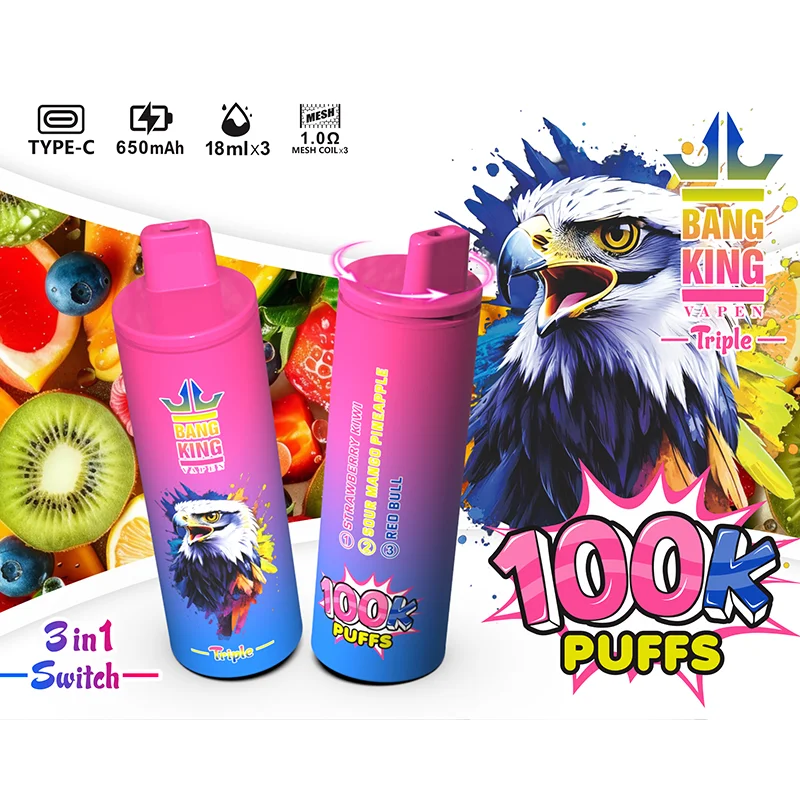 Bang King Triple 100K Vape 3-in-1 Flavor Strawberry Kiwi & Sour Mango Pineapple & Red Bull Bang King Triple 100K Vape 3-in-1 Flavor Strawberry Kiwi & Sour Mango Pineapple & Red Bull