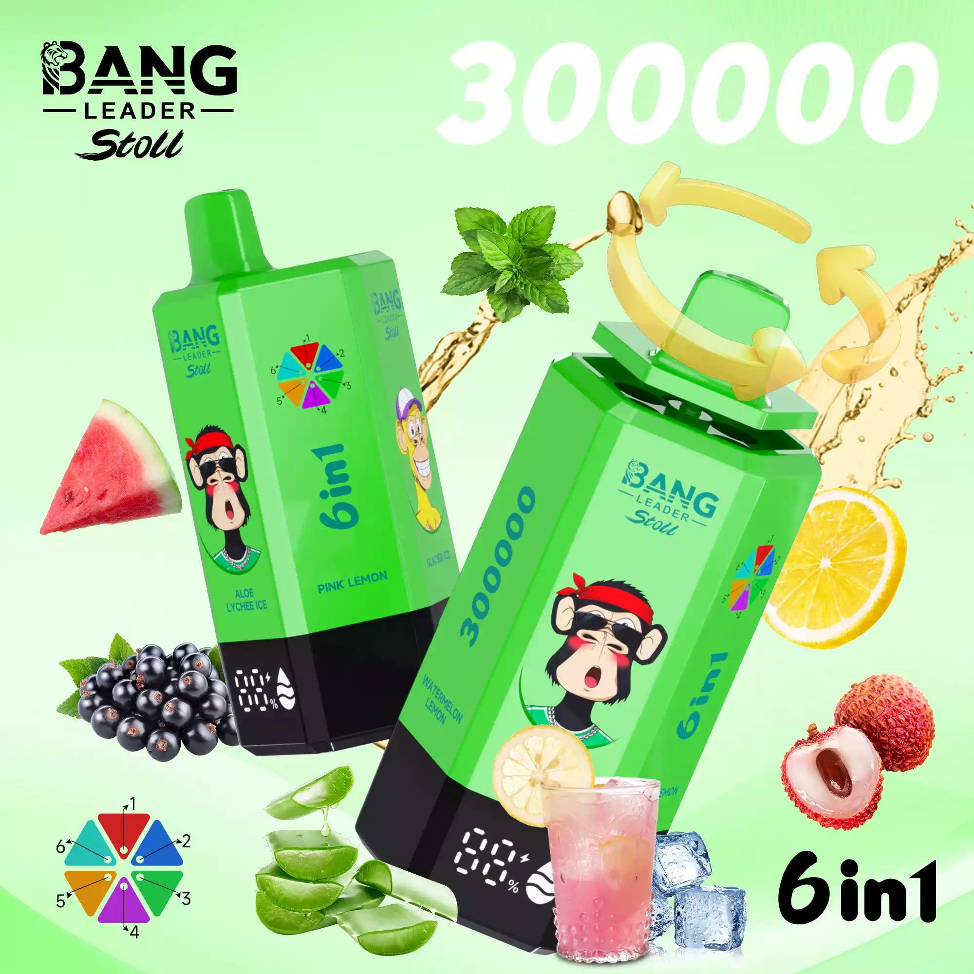 Bang Leader 300000 Puffs Disposable Vape 6-in-1 Flavors Aloe Lychee Ice & Pink Lemon & Glacier Ice & Pine Needle Mint & Black Currant Ice & Watermelon Lemon Bang Leader 300000 Puffs Disposable Vape 6-in-1 Flavors Aloe Lychee Ice & Pink Lemon & Glacier Ice & Pine Needle Mint & Black Currant Ice & Watermelon Lemon