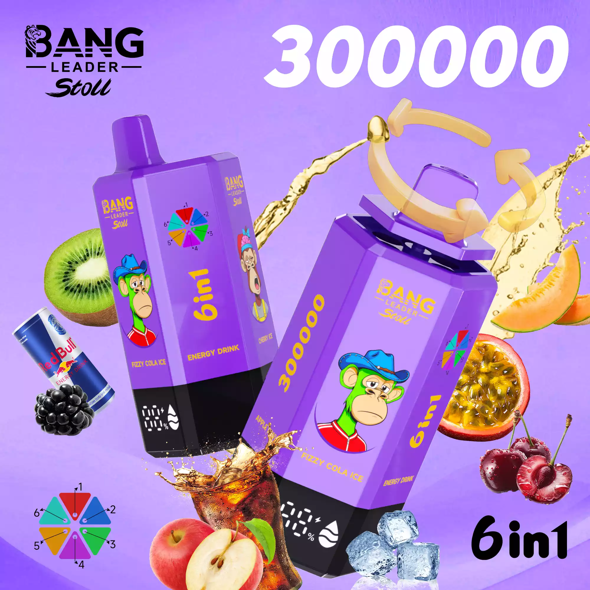 Bang Leader 300000 Puffs Disposable Vape 6-in-1 Flavors Cola Ice & Energy Drink & Cherry Ice & Melon Passion Fruit & Blackberry Ice & Apple Kiwi Bang Leader 300000 Puffs Disposable Vape 6-in-1 Flavors Cola Ice & Energy Drink & Cherry Ice & Melon Passion Fruit & Blackberry Ice & Apple Kiwi