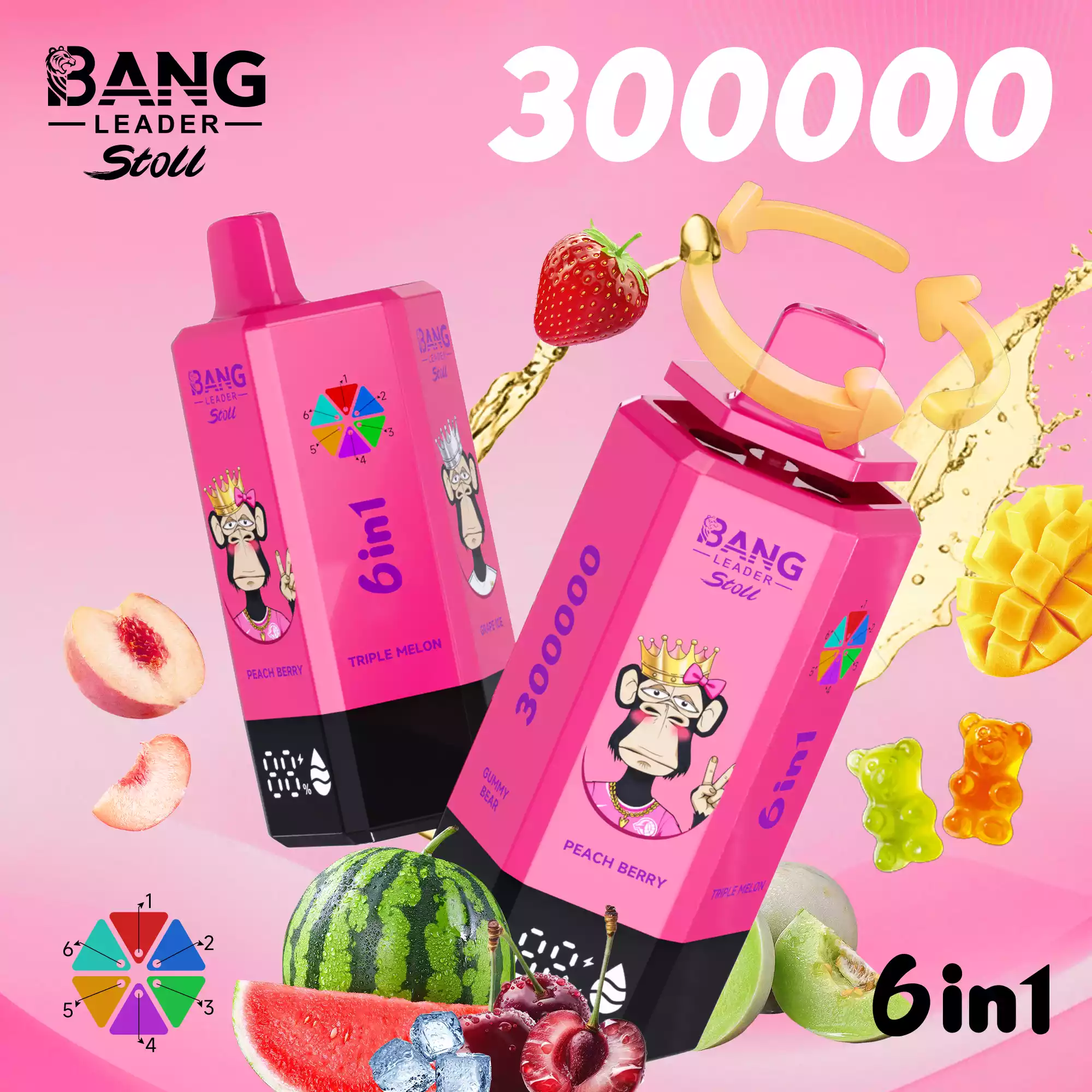 Bang Leader 300000 Puffs Disposable Vape 6-in-1 Flavors Peach Berry & Triple Melon & Grape Ice & Black Dragon Ice & Fizzy Cherry Ice & Gummy Bear Bang Leader 300000 Puffs Disposable Vape 6-in-1 Flavors Peach Berry & Triple Melon & Grape Ice & Black Dragon Ice & Fizzy Cherry Ice & Gummy Bear