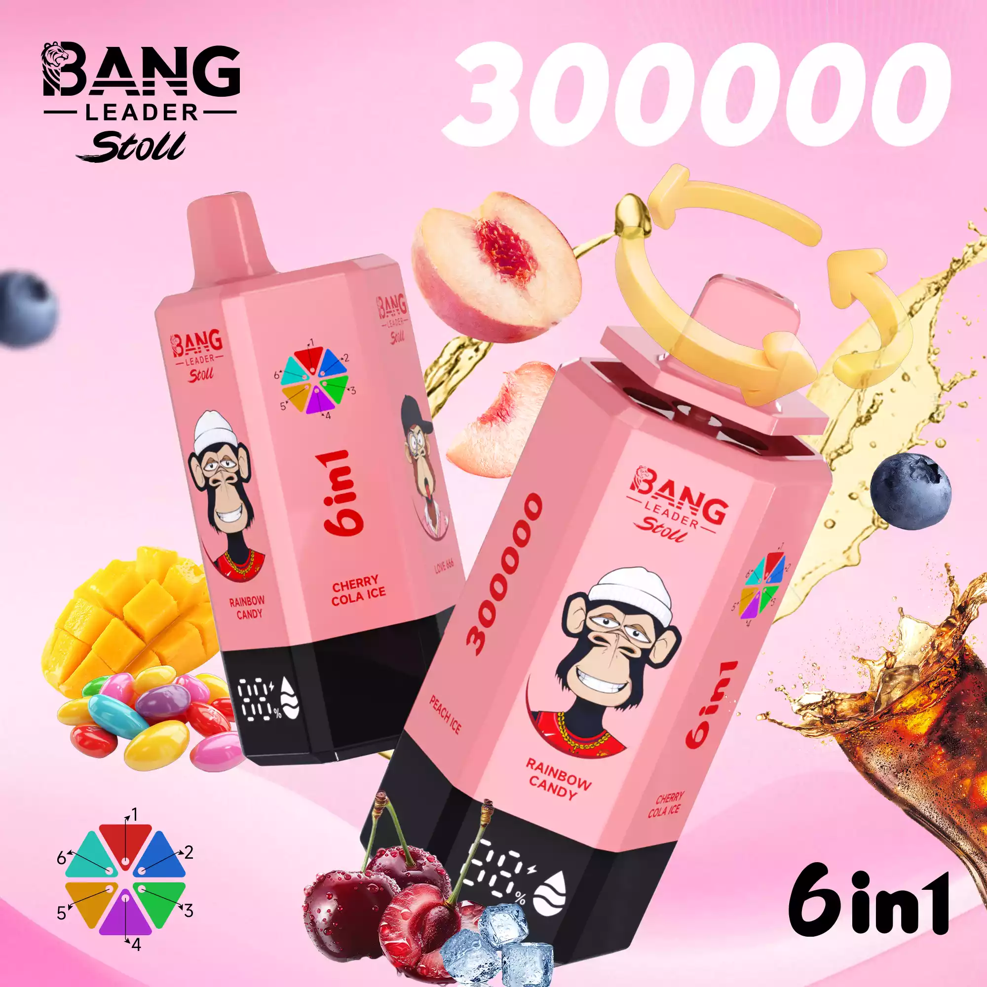 Bang Leader 300000 Puffs Disposable Vape 6-in-1 Flavors Rainbow Candy & Cherry Cola Ice & Love 666 & Mango Ice & Blueberry Cotton Candy & Peach Ice Bang Leader 300000 Puffs Disposable Vape 6-in-1 Flavors Rainbow Candy & Cherry Cola Ice & Love 666 & Mango Ice & Blueberry Cotton Candy & Peach Ice