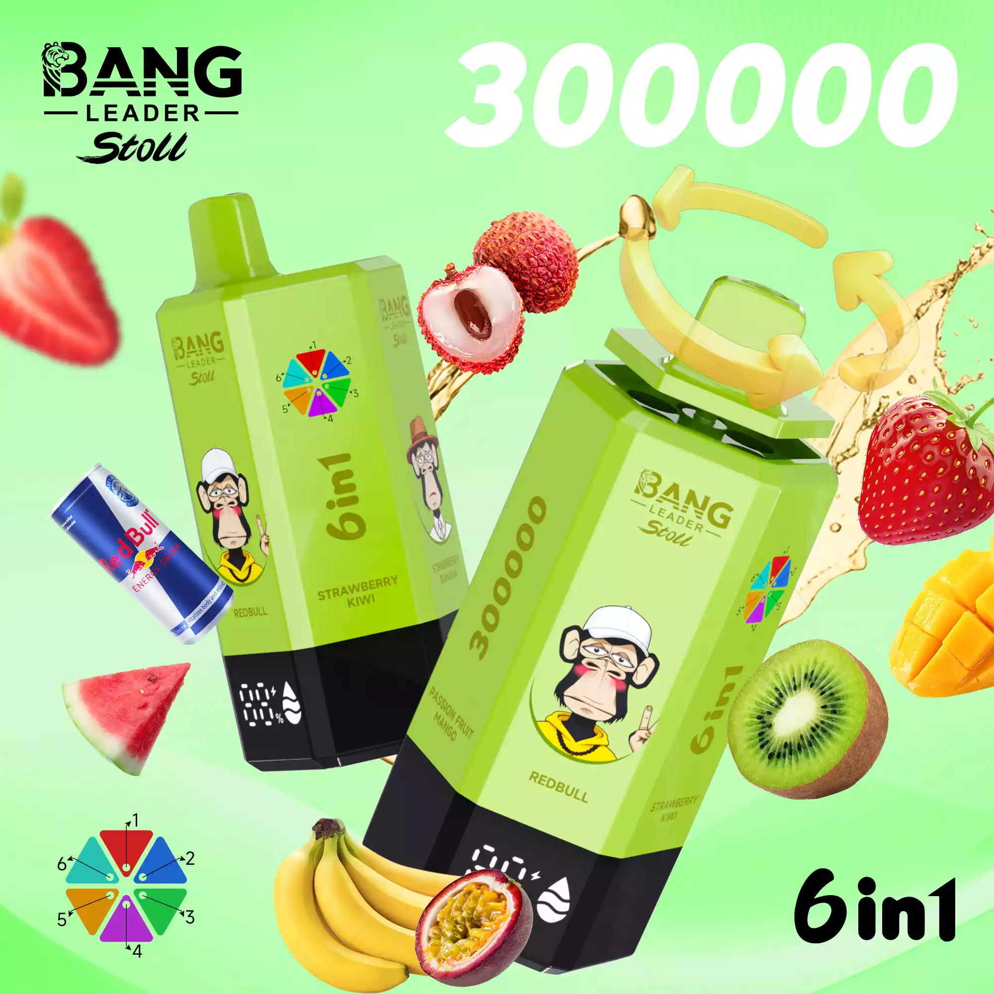 Bang Leader 300000 Puffs Disposable Vape 6-in-1 Flavors Red Bull & Strawberry Kiwi & Strawberry Banana & Lychee Ice & Watermelon Berry & Passion Fruit Mango Bang Leader 300000 Puffs Disposable Vape 6-in-1 Flavors Red Bull & Strawberry Kiwi & Strawberry Banana & Lychee Ice & Watermelon Berry & Passion Fruit Mango
