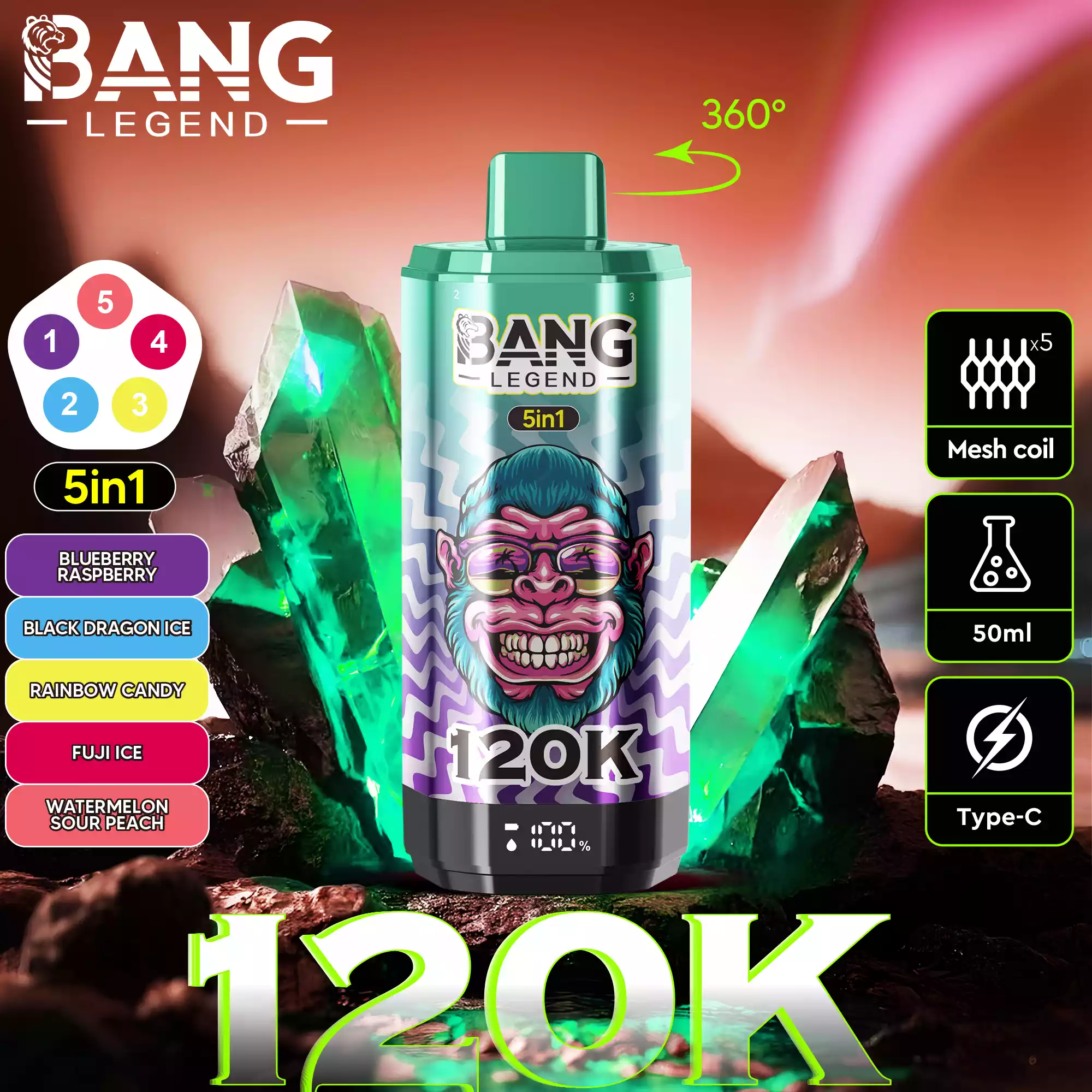 Bang Legend 120K Vape 5-in-1 Flavors 120,000 Puffs Disposable Vape Blueberry Raspberry & Black Dragon Ice & Rainbow Candy & Fuji Ice & Watermelon Sour Peach Bang Legend 120K Vape 5-in-1 Flavors 120,000 Puffs Disposable Vape Blueberry Raspberry & Black Dragon Ice & Rainbow Candy & Fuji Ice & Watermelon Sour Peach