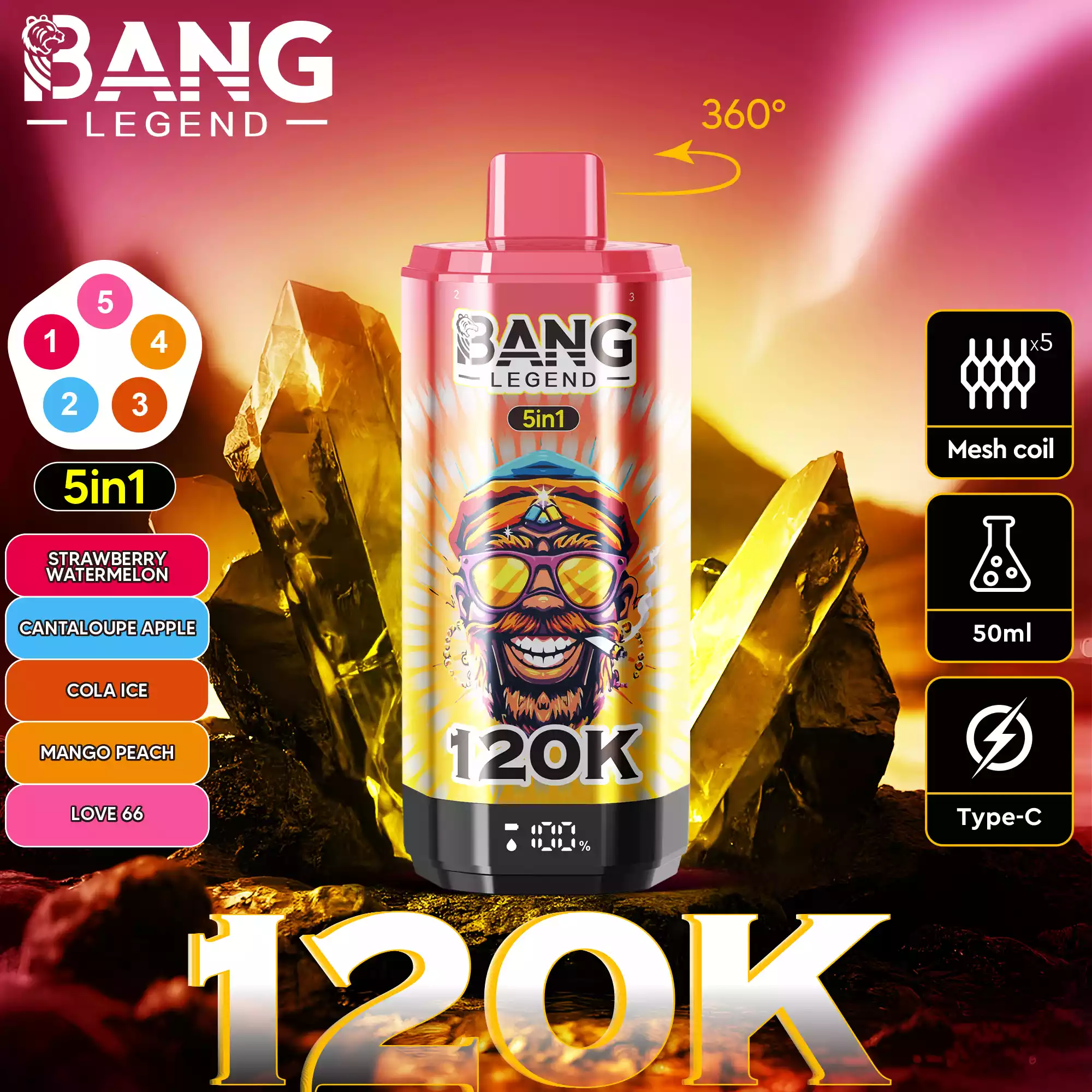 Bang Legend 120K Vape 5-in-1 Flavors 120,000 Puffs Disposable Vape Strawberry Watermelon & Cantaloupe Apple & Cola Ice & Mango Peach & Love 66 Bang Legend 120K Vape 5-in-1 Flavors 120,000 Puffs Disposable Vape Strawberry Watermelon & Cantaloupe Apple & Cola Ice & Mango Peach & Love 66