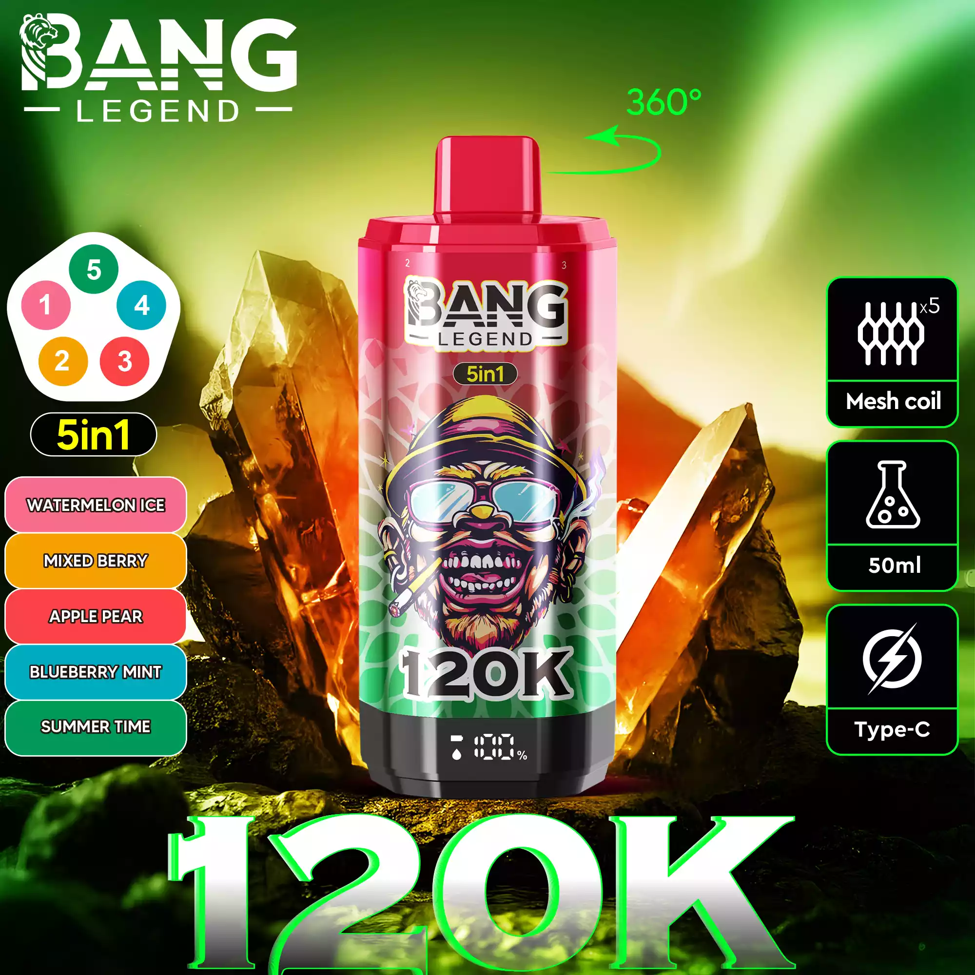 Bang Legend 120K Vape 5-in-1 Flavors 120,000 Puffs Disposable Vape Watermelon Ice & Mixed Berries & Apple Pear & Blueberry Mint & Summer Time Bang Legend 120K Vape 5-in-1 Flavors 120,000 Puffs Disposable Vape Watermelon Ice & Mixed Berries & Apple Pear & Blueberry Mint & Summer Time